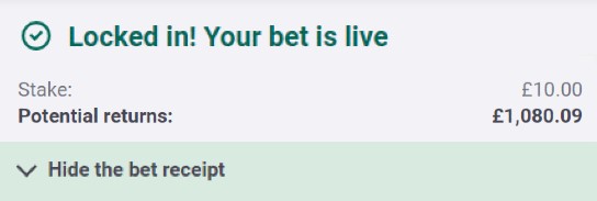 🚨 108/1 CHAMPIONS LEAGUE LONGSHOT BET BUILDER IS READY!

• £10 returns £1,080
• All backed up with full research
• One of the best 100/1 bet builders I've seen

SMASH LIKE NOW ♥️ if you want a look.