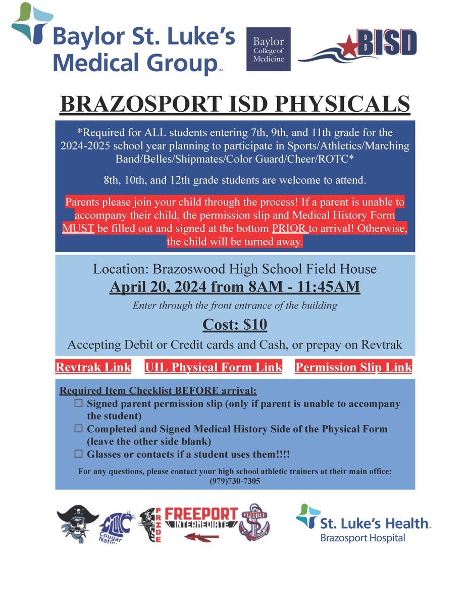 Links for BISD Physicals: Revtrak - bit.ly/3J9KvSe UIL Physical Form - bit.ly/3xsbt4R Permission Slip - bit.ly/3PYwR8i