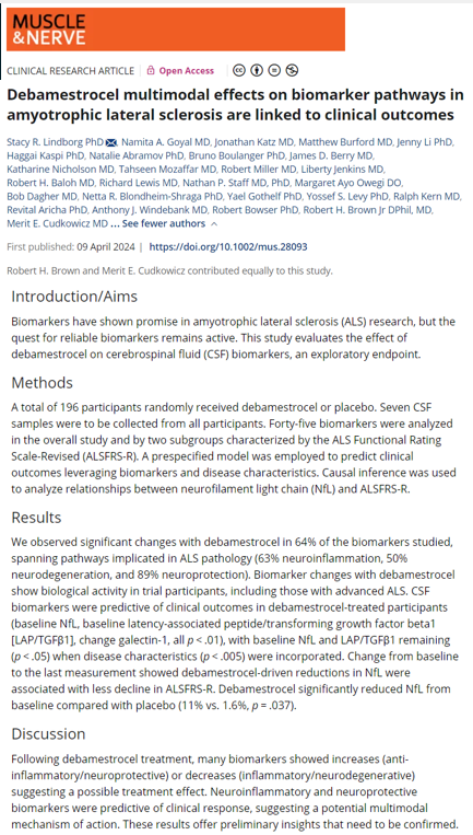 More proof that #NurOwn works in #ALS!
Biomarker paper published in @MuscleAndNerve 

🔹CSF samples taken 7x during 28 wk trial to analyze  impact of 3 doses on 45 pre-specified #biomarkers

🔹3 biomarkers were predictive of clinical outcomes: 
          1️⃣  Galcetin-1 ...…