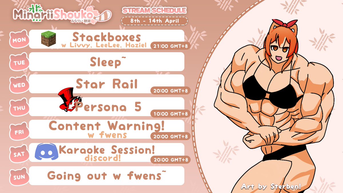 minariishouko's tweet photo. Half the week is gone, i totally did not forget to post my schedule for the week omg T^T
I'm sorry
#WeeklyStreamSchedule #Vtubers #ENVtuber https://t.co/SsXOUMzP94