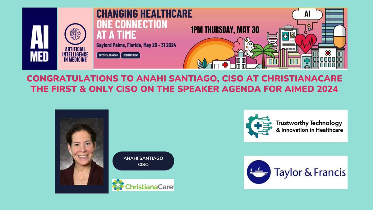 Congrats 🎉 @AnahiSantiago first and only #CISO, hc #cybersecurity exec on the speaker roster for preeminent #AI in medicine annual meeting for American Board of Artificial Intelligence in Medicine (ABAIM)  Learn more about her: linkedin.com/posts/sdouvill… @DavidSFinn @AaronMiri