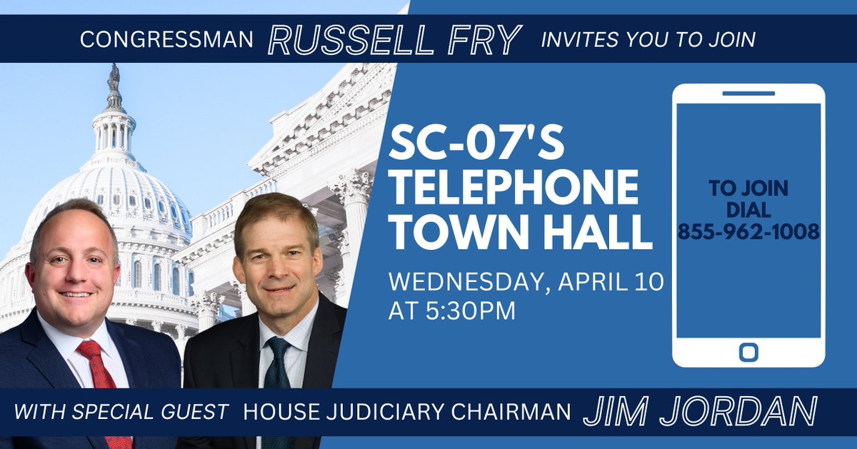 I'm THRILLED to announce our office is hosting a telephone town hall event TODAY at 5:30pm with special guest @Jim_Jordan! ☎️ To join, call 855-962-1008. Talk to you soon!