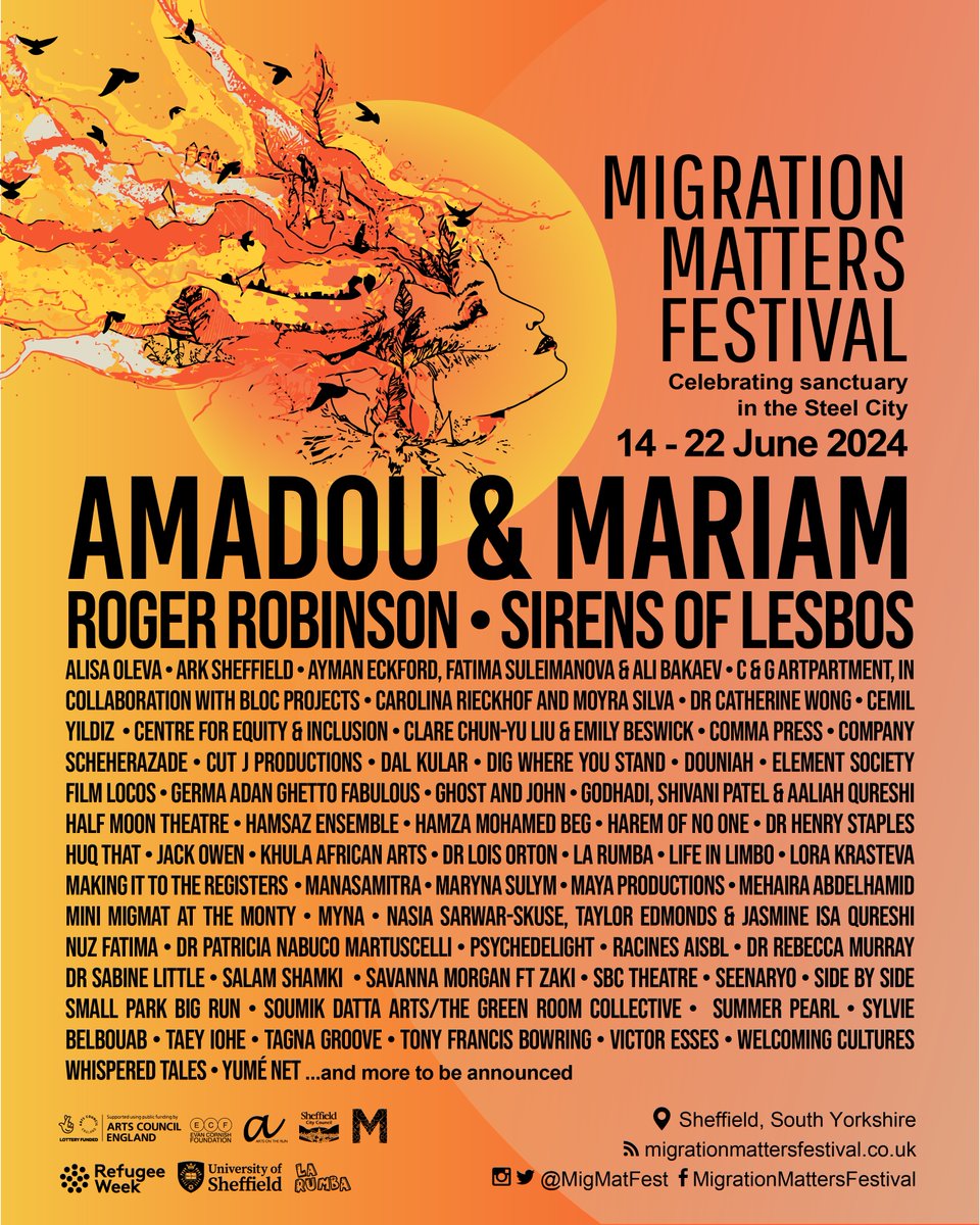 The wait is over! 🧵 Here's our first lineup poster for 2024, with headliners including: Grammy-nominated musical duo @amadouetmariam , who performed their Afrobeat hits at Glastonbury 23. Genre-hopping Swiss band @SirensOfLesbos Prize-winning poet and performer @rrobinson72