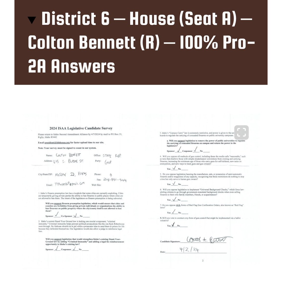 Glad to have earned a 100% rating from @Idaho2AAlliance! Rep. McCann has not submitted a survey.

#2A #idleg #idpol #gunrights