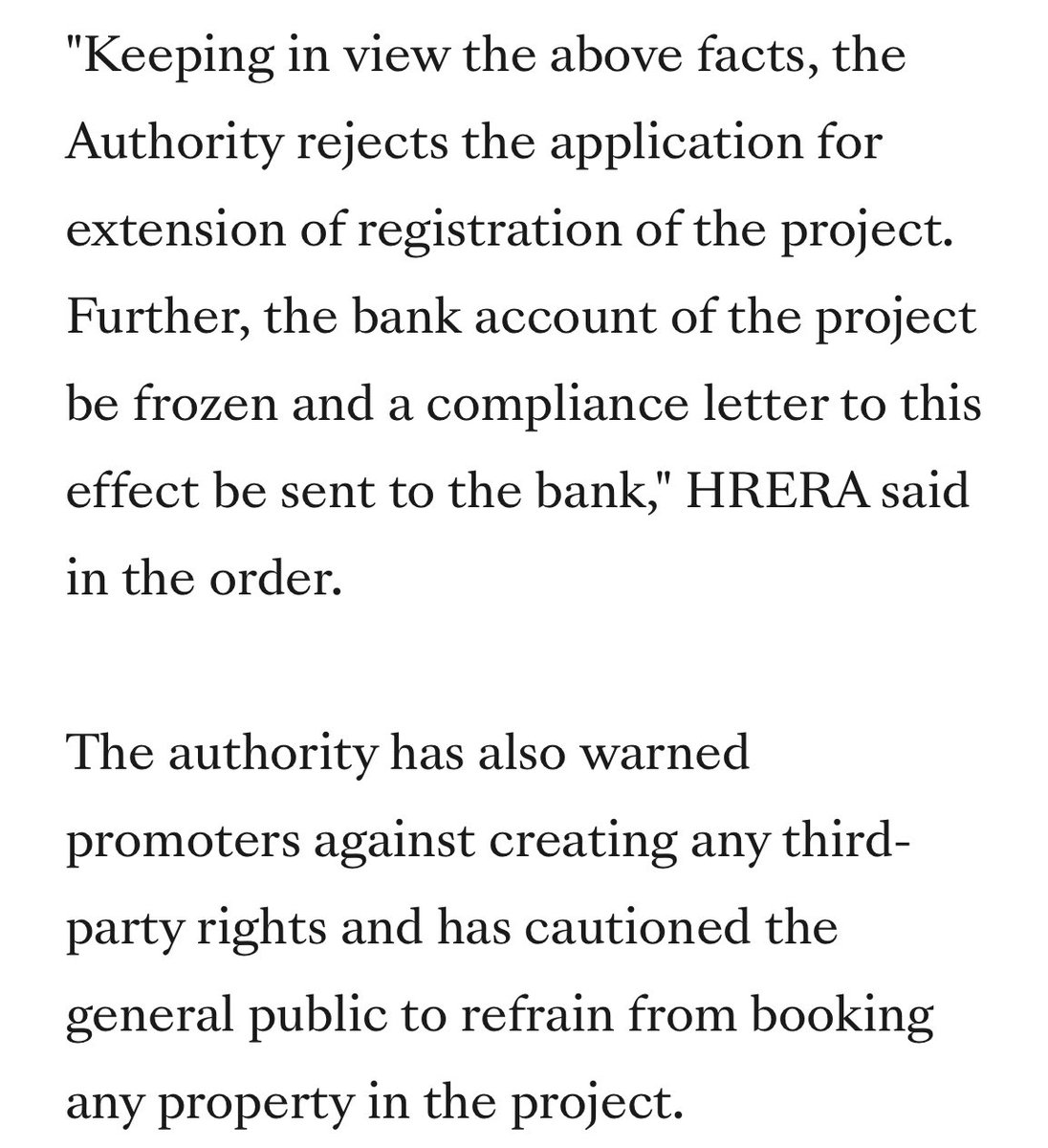 Haryana RERA denies extension of registration validity to Godrej Properties.
Project: Godrej Air Phase 4, Sector 85 at Gurgaon
RERA registration valid until June 2023. Company seeks extension. RERA denies. Orders bank account of project to be frozen. Asks buyers to not buy in it