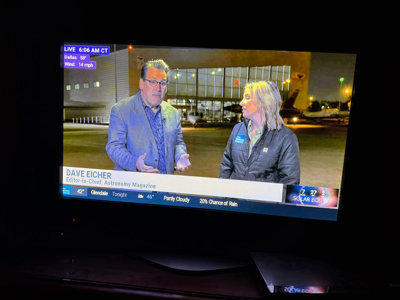 I spent most of my time on eclipse day with Alex Wilson on The Weather Channel. Total success in Dallas! Hope it worked out well for everyone!! Egypt, here i come . . . (thanks to my pal Andy Kimmel for the shot.)