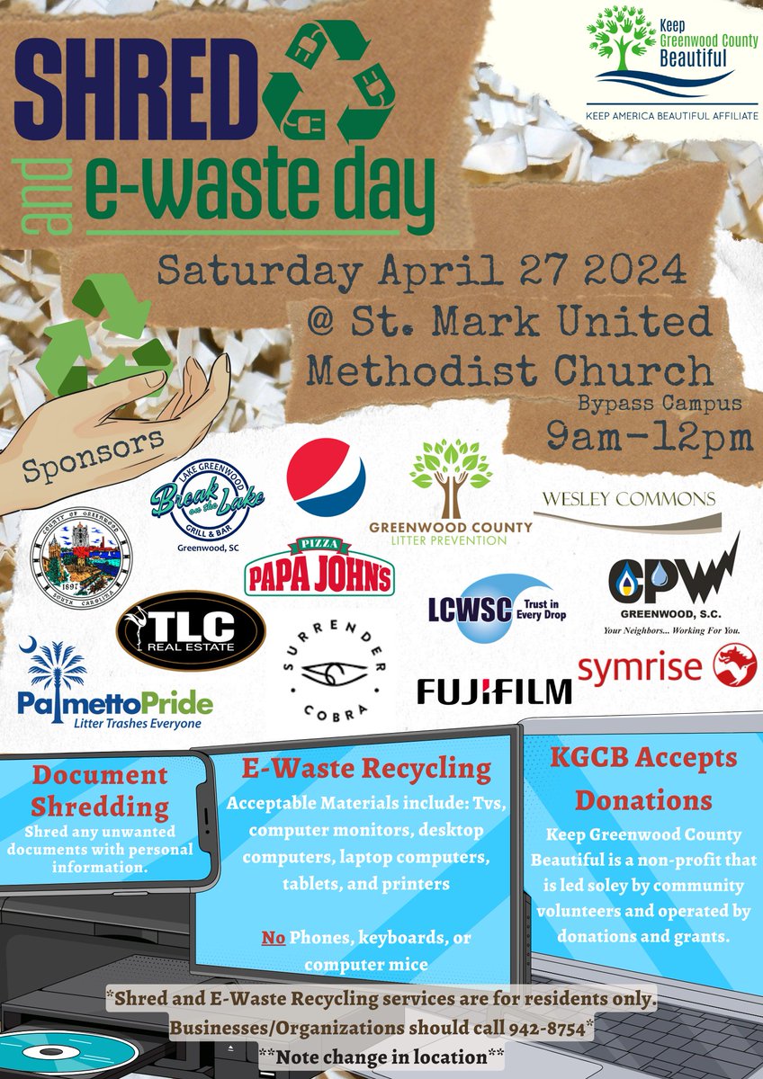 Join us for Shred & E-Waste Day! Mark your calendars for Saturday, April 27th, from 9 a.m. to 12 p.m. at St. Mark United Methodist Church (550 By-pass 72 NW). This event is for residents only. Businesses and organizations call 864-942-8754 for shredding & e-waste recycling info.
