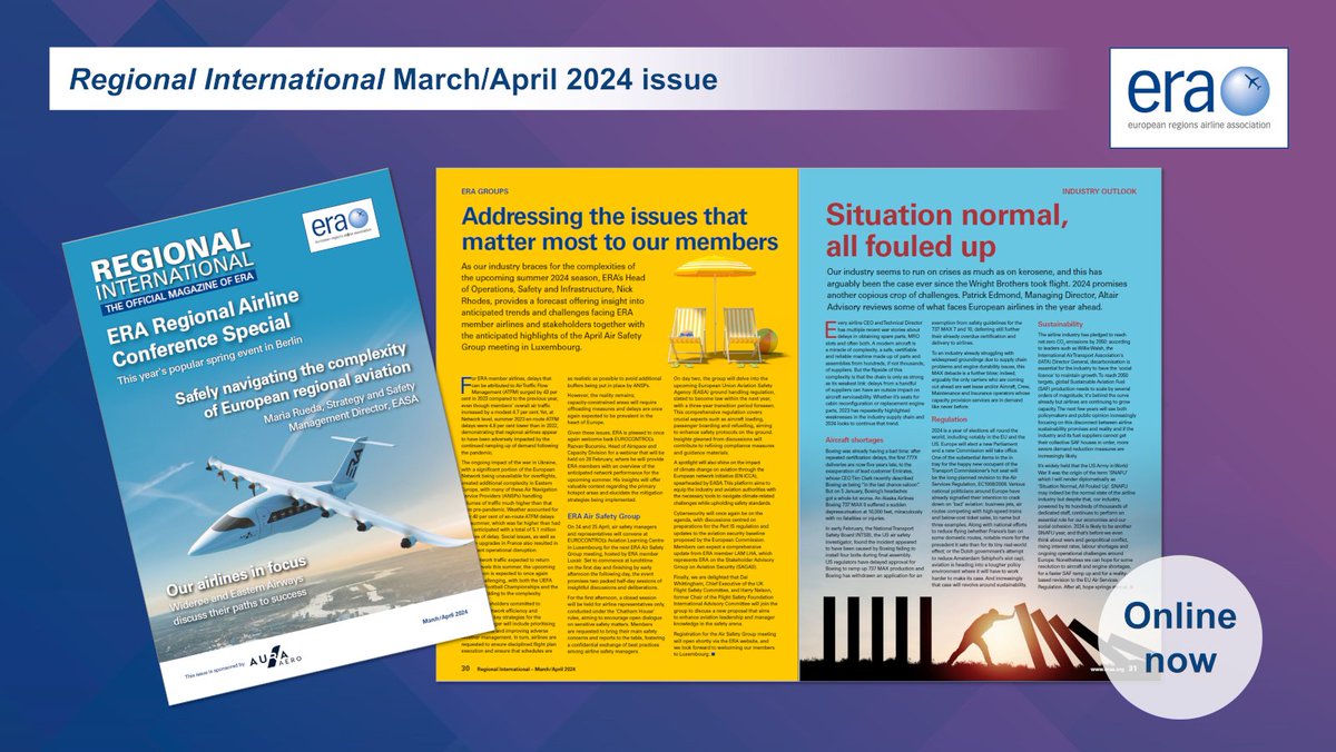 With ERA's next Air Safety Group meeting coming up on 24-25 April, Regional International takes a look at the agenda, which will include an opportunity for safety reps to meet in a closed environment to discuss sensitive safety matters. Read more: ow.ly/1MGp50RciAJ