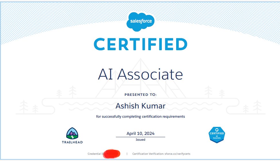 am thrilled to announce that I am Salesforce Certified AI Associate 🎓 Thanks to @trailhead for providing the best exam preparation content. Preparation your exam for AI Associate as well - lnkd.in/dvN3fKmC #AIAssociate #Certification #ArtificialIntelligence