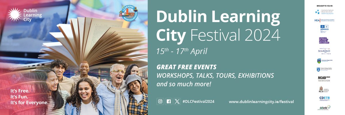 Dublin Learning City Festival 2024 is nearly here! Running from Monday 15th to Wednesday 17th the festival’s exciting programme has a range of FREE activities for you to try!
 
For lots more events: dublinlearningcity.ie/festival/whats…

#DLCFestival2024
#FéileCFBÁC2024
