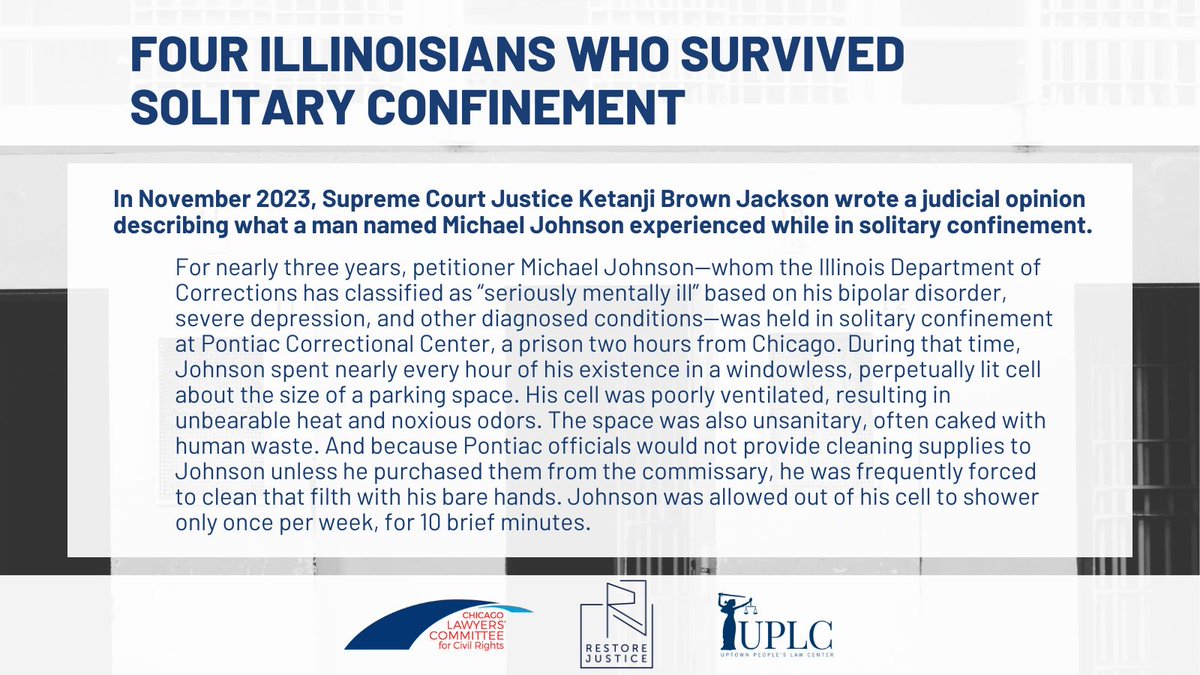 🧵 Today, Chicago Lawyers’ Committee for Civil Rights, Restore Justice, and Uptown People’s Law Center have released a critical report titled “Ending Long Term Solitary Confinement in Illinois” describing the urgent need for solitary confinement reform in Illinois.