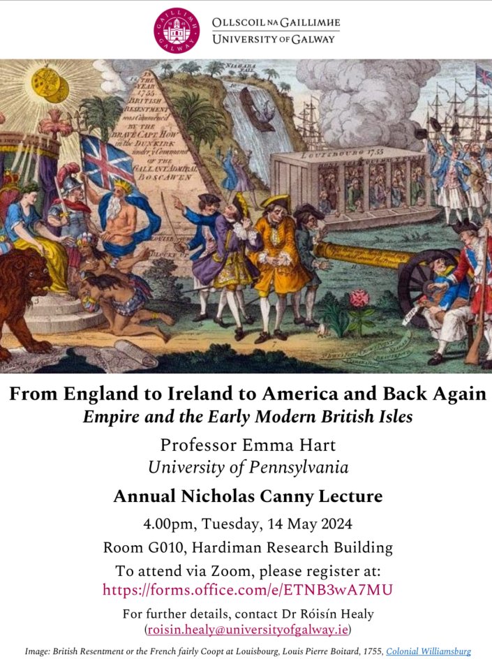 We are very happy to announce that Prof Emma Hart will deliver this year’s Nicholas Canny lecture. This is a hybrid event. The paper will be delivered in-person at 4pm, Tues, 14 May 2024, Room G010, Hardiman Building, and via Zoom. Register for the link: forms.office.com/e/ETNB3wA7MU