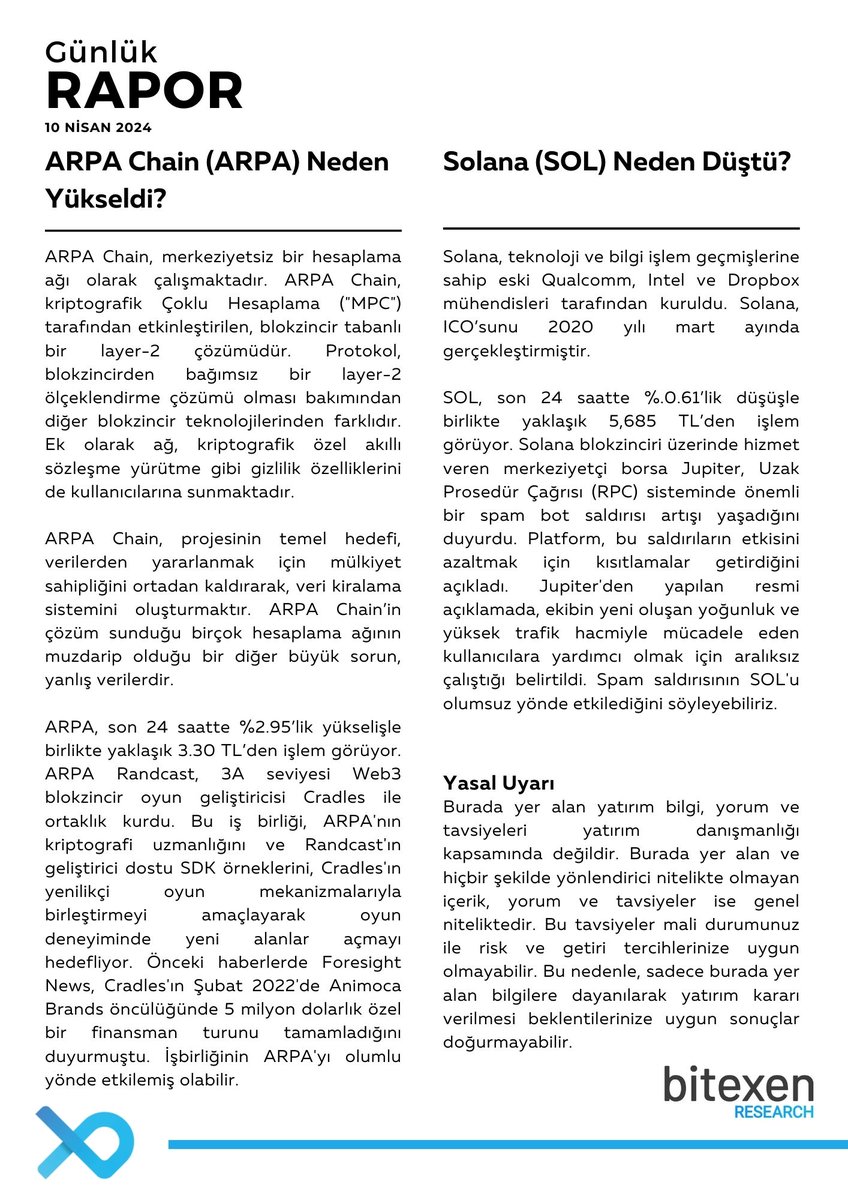 10 Nisan 2024 Günlük Bülten 🔹Arthur Hayes Yaklaşan Bitcoin Halving Sürecini Değerlendirdi 🔹$ARPA Yükselişi ve $SOL' da Düşüş 🔹Yükselenler & Öne Çıkanlar