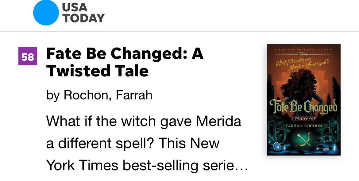 WOW! WOW! WOW!!! This is the highest I’ve ever had a book hit the @USATODAY list! Thanks to all who bought Merida’s story this week. And a huge thanks to @DisneyBooks for making this girl’s dreams come true in ways she never allowed herself to imagine!