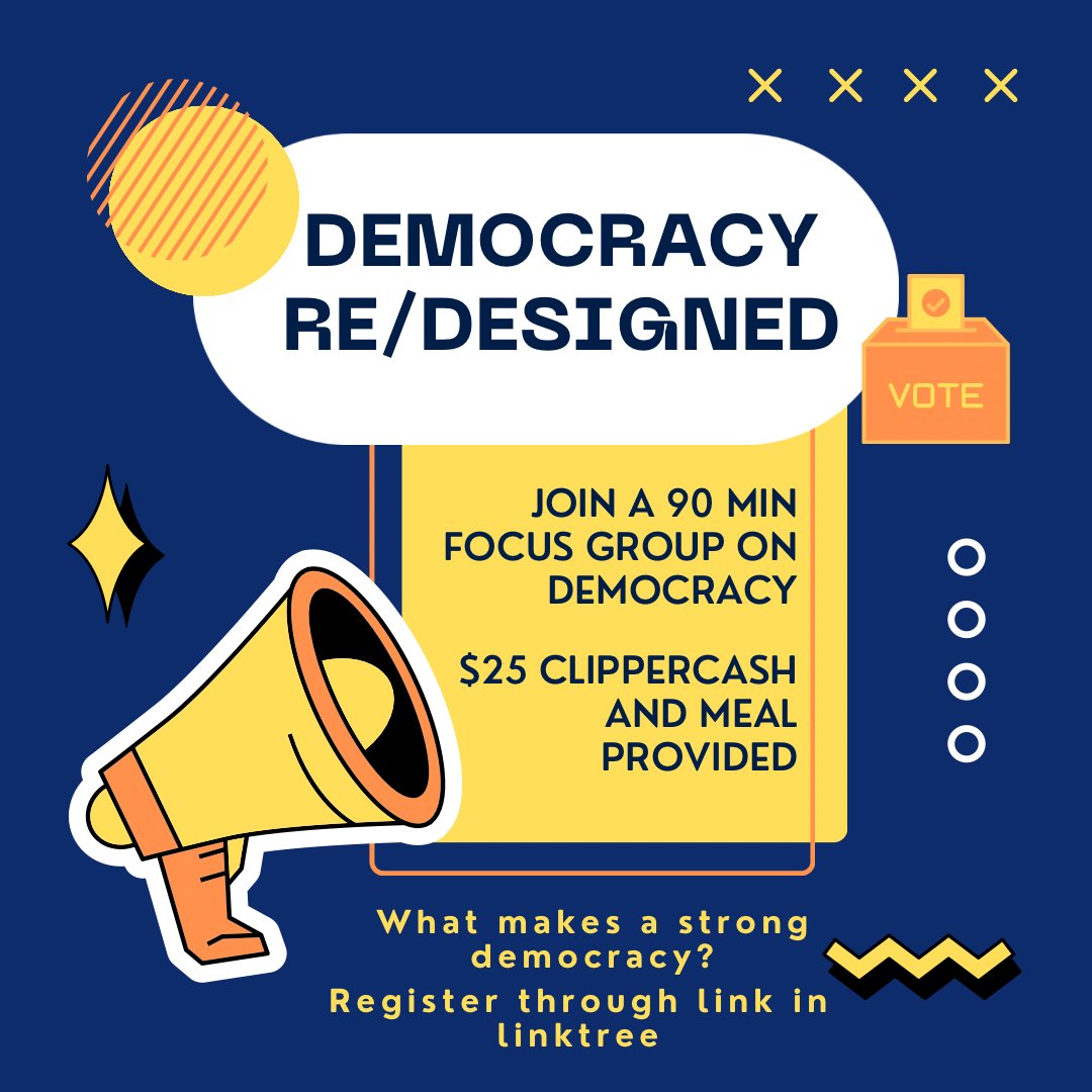 Salem State University has been invited to participate in a national study on student views on democracy. All participants will receive a meal and $25 clipper cash each. Please pick a day and time that works best for you, registration link is available through linktree in bio.