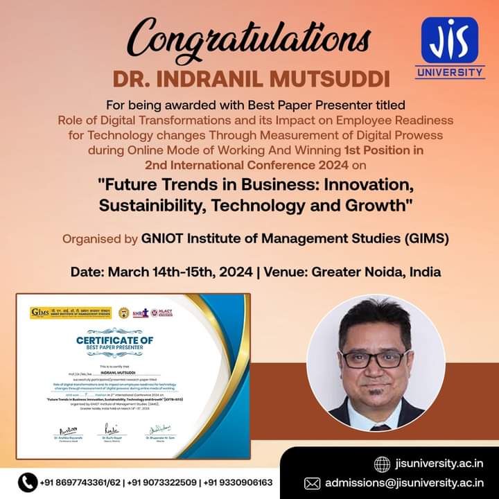 Immense thanks and gratitude to the Management of JIS University for the constant support and encouragement for Research Work endeavors

#JISUniversity #JISU #JISGroup