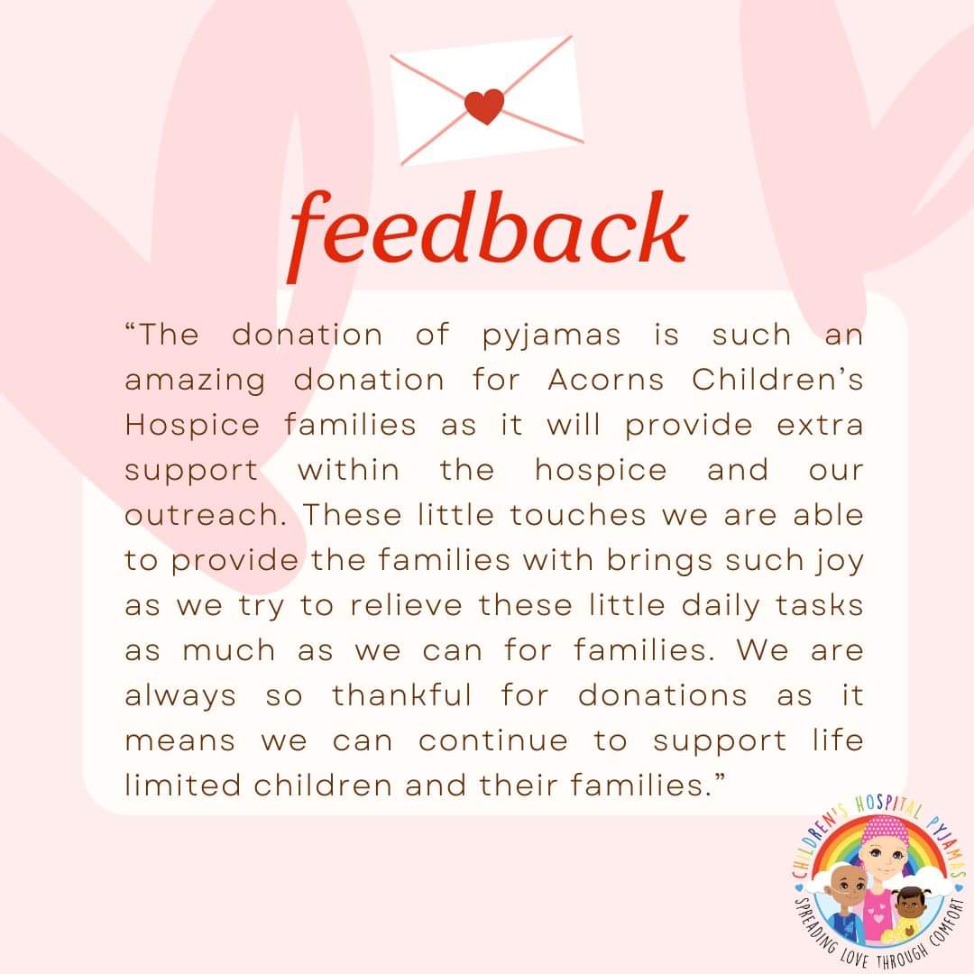 We love hearing from the locations that receive pyjamas from us. Here's some feedback from @AcornsHospice. Thank you to all who continue to support the charity. We couldn't do this without you 💕 #charity #donation #thankyou #SpreadingLoveThroughComfort #Walsall #westmidlands