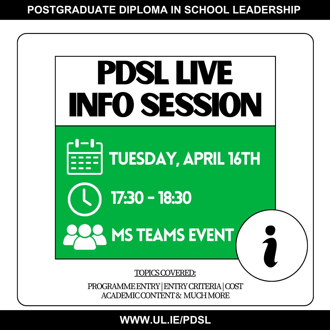 🔔PDSL Live Info Session
📅Tuesday April 16th
🕠17:30 GMT
👥MS Teams

ℹ️ Topics covered including Programme Entry, Entry Criteria, Cost, Academic Content &amp; More

Link to register: events.teams.microsoft.com/event/a42be47e…