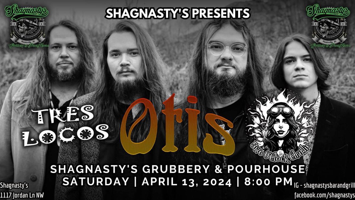 Who is ready for the weekend? We’re bringing the Blues-Rock to Shagnasty's in Huntsville, AL Saturday night! Along with rockers 5ive o'clock charlie & Tres Locos Come see us! $15 at the door! #otisbandofficial #Otis #bluesrock #rockshow #huntsvillealabama #weekendvibes