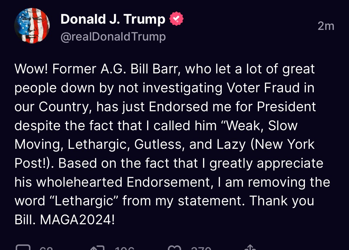 All of these former Trump officials who bashed him and endorsed him anyway are complete cowards. This is what happens. You look like an utter fool. Bill Barr is the latest example of that. Stand up to Trump. He’s a threat to democracy.