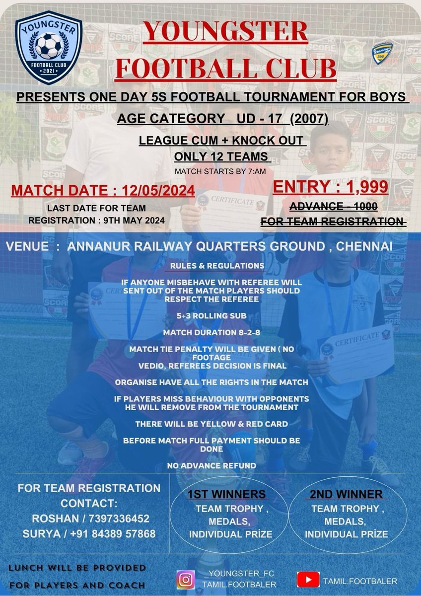 Youngster Football Club and Tamil Footballer presents Under 17 - 5A Side Football Tournament. The tournament to be held on 12th of May 2024. Matches will take place at Annanur Railway Quarters Ground, Chennai. @tournaments_360 @AllIndiaFtbl @MakkaFootball @BlueTigersIndia