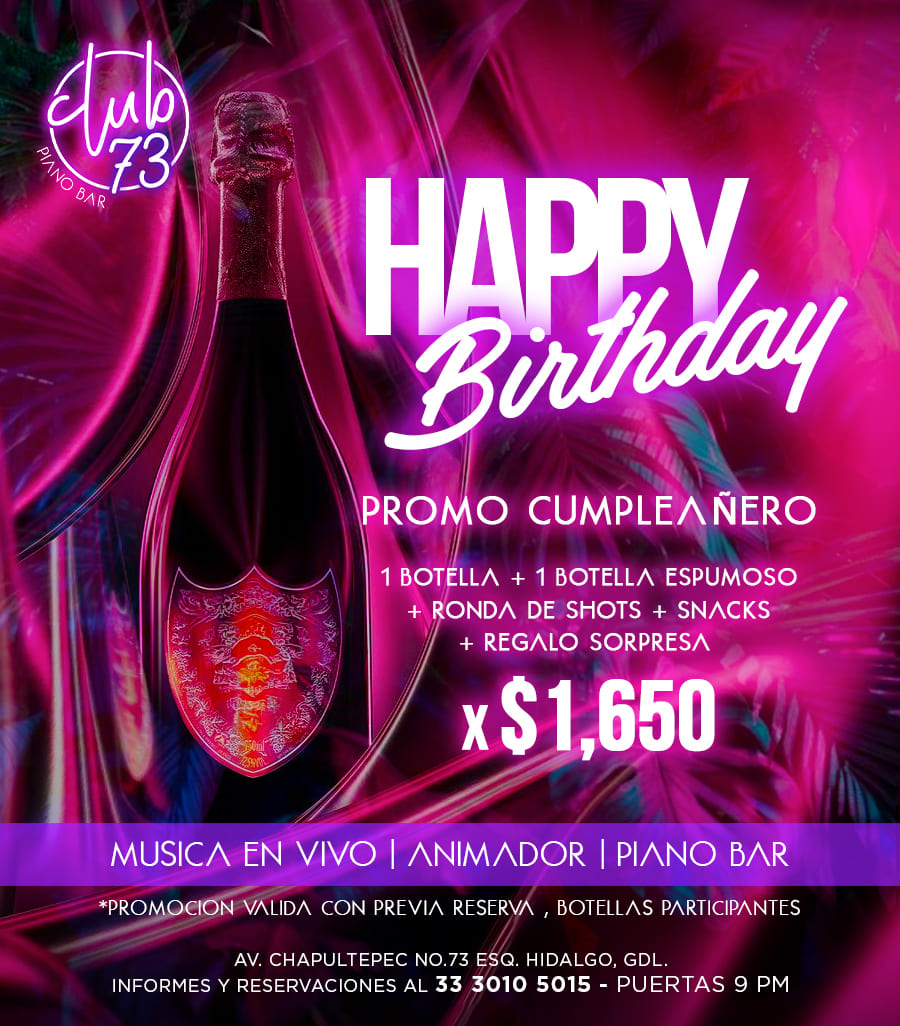 Club73gdl's tweet photo. 🔱 (Club 73 Gdl) 🔱
Somos un Piano Bar 
Feliz Cumpleaños 🎂
🎹 MUSICA EN VIVO 🎷
📍1 Botella a escojer
📍1 Botella espumoso
📍  Ronda de shots
📍  Snaks
📍 Gorra club 73 
✅puertas 9:00 pm
📍Av Chapultepec 73
Más info al 3330105015 o clik aquí  https://t.co/ouiL2KFlYO https://t.co/4cNk7o8tnR