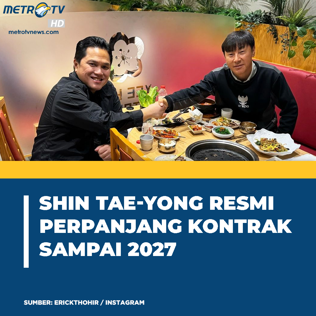 Metro_TV's tweet photo. Pelatih Tim Nasional (Timnas) Indonesia, Shin Tae-yong resmi akan perpanjang kontrak hingga 2027 mendatang. Pelatih 53 tahun ini baru saja mencetak sejarah bagi sepakbola Indonesia. https://t.co/6WJGlDUsH1
