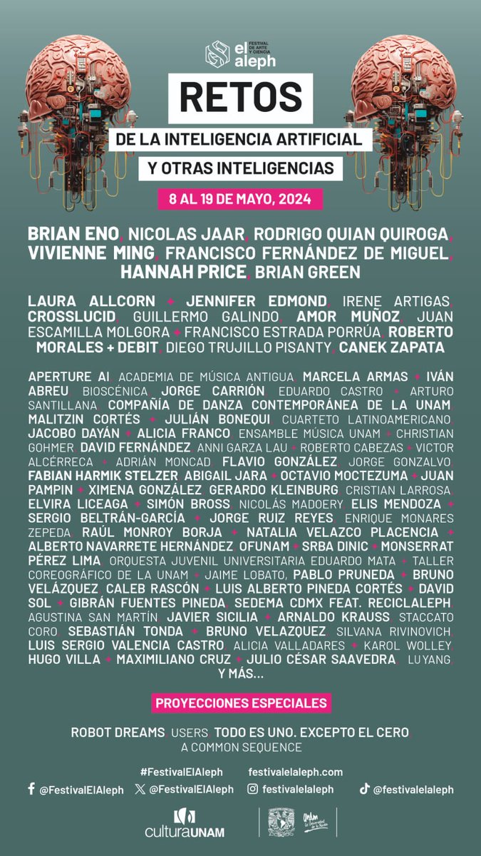 Los rumores son ciertos: ¡Viene Brian Eno y Nicolas Jaar al Festival El Aleph 2024! 🎉 Nos vemos del 8 al 19 de mayo con muchos más artistas y científicos en diversas sedes de Cultura UNAM 🧠🤖 festivalelaleph.com