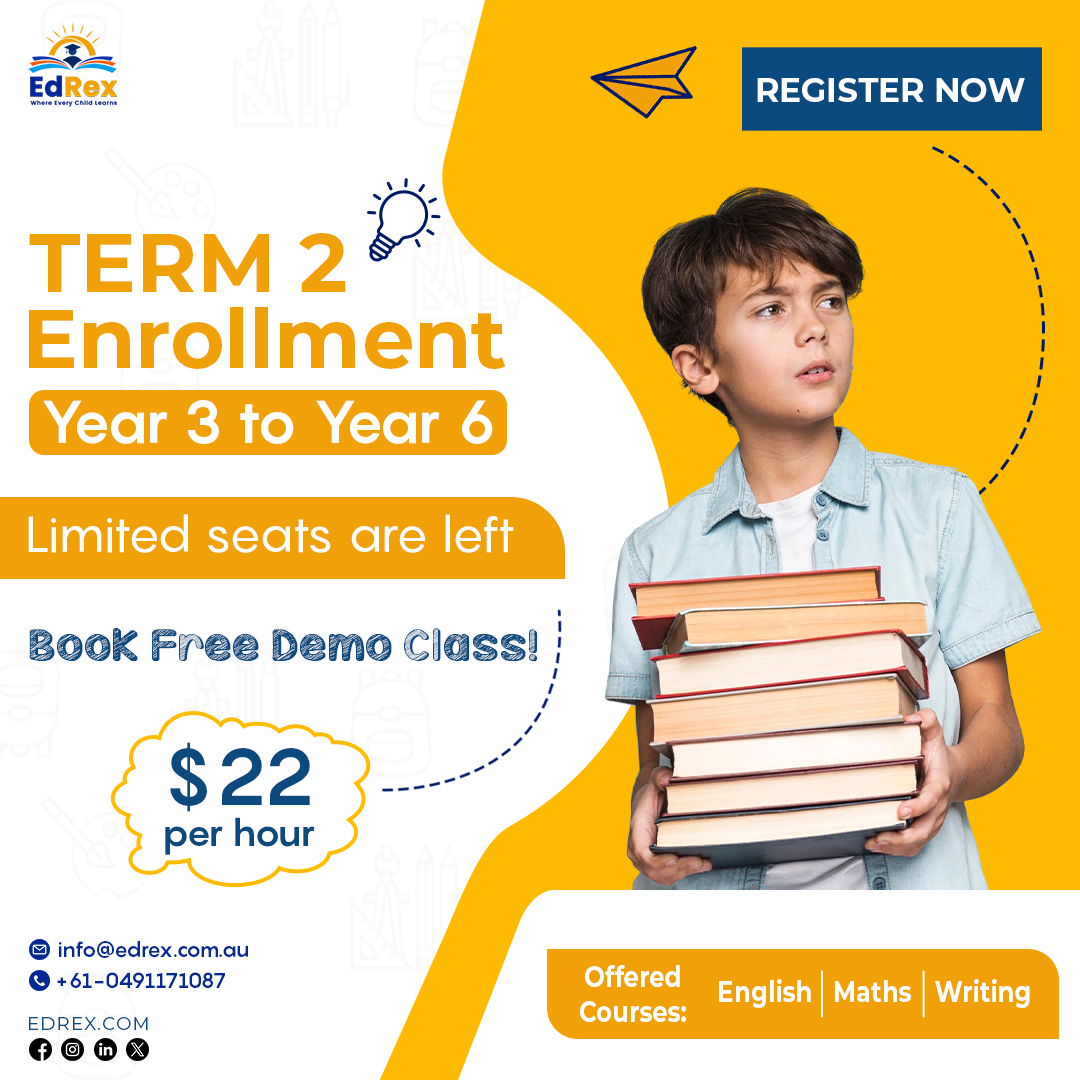 Calling all parents and students! Secure your spot now in the Term 2 Enrollment for Year 3 to Year 6!📚
🌟Email:  info@edrex.com.au

#edrexlearning #australiancurriclum #term2 #AustralianEducation #onlinetutoring