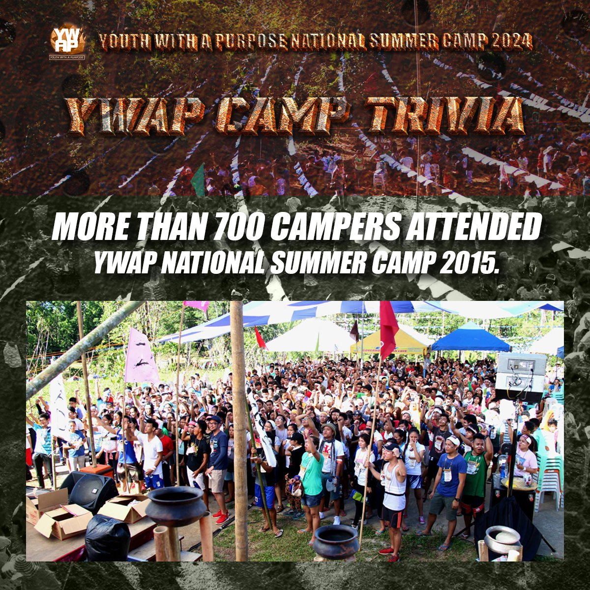 ywapofficial's tweet photo. It’s time for YWAP Camp Trivia! 

Did you know that 700+ campers attended the YWAP National Summer Camp 2015?

Reply your Tribe, and tag your tribe mates!

Feel free to share your pictures and/or experiences during the YWAP National Summer Camp 2015 in the reply section. https://t.co/PmdGPRVzup