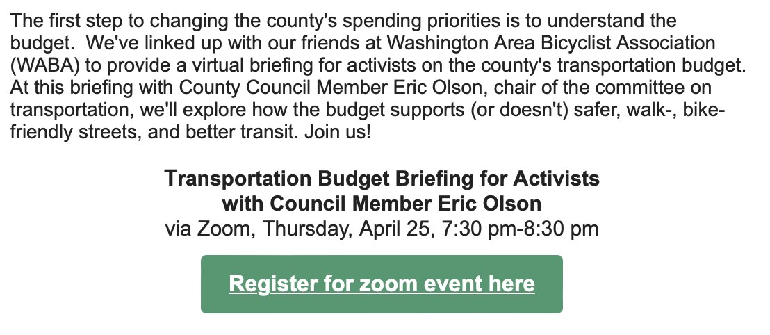 SafeRoutesPGCPS's tweet image. Thank you to WABA, the Coalition for Smarter Growth, RISE Prince George&apos;s &amp;amp; @CMEricOlson for partnering on this budget briefing to discuss ways we can advocate for safer &amp;amp; more walkable &amp;amp; bikeable streets.

Register at this link &amp;amp; make your voice heard:

us06web.zoom.us/meeting/regist…