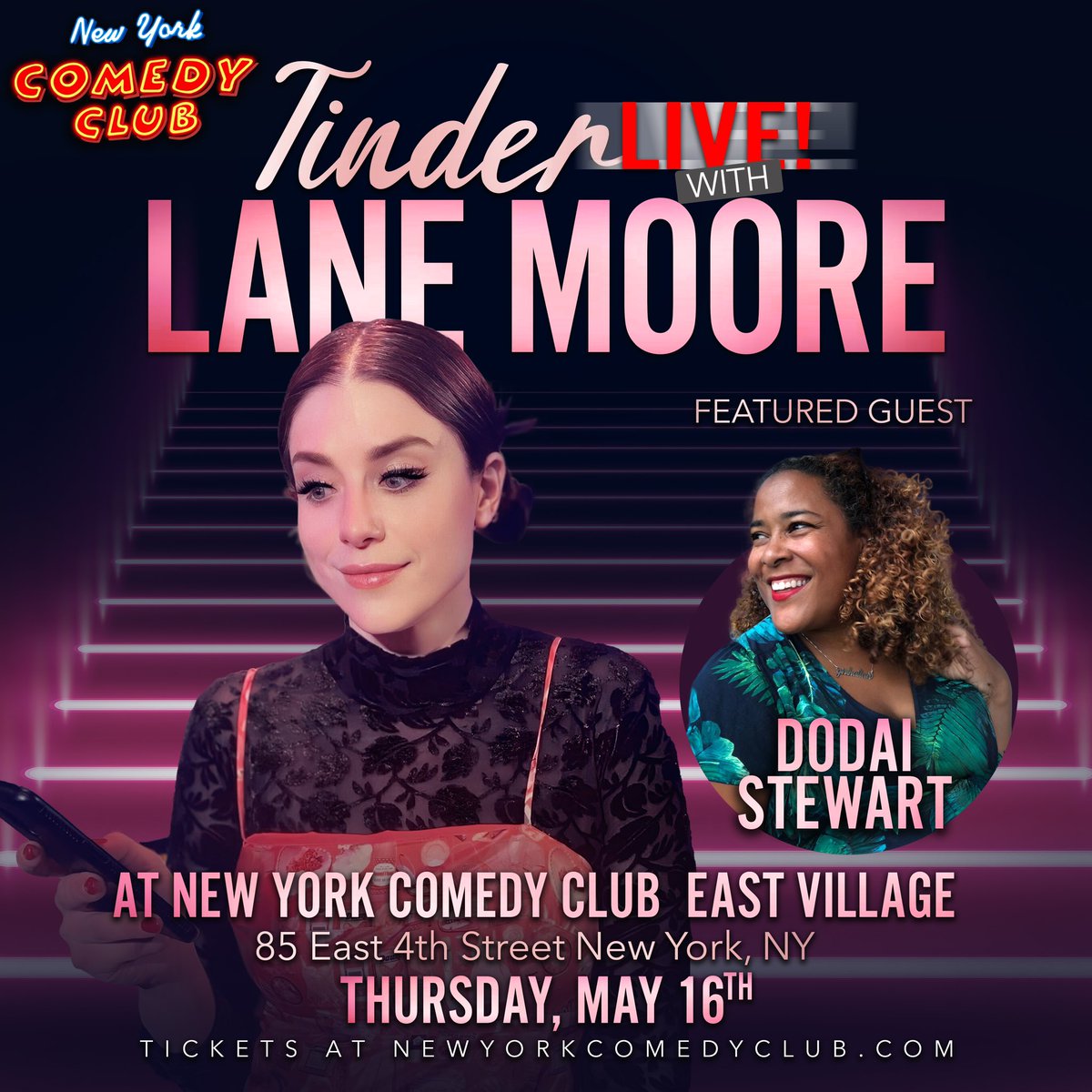 NYC! Tinder Live is BACK on May 16th at 8pm with one of my favorite people the incredibly cool and funny @dodaistewart🔮💜🌸 We'll swipe live, you choose who we swipe right on and message, right at the dawn of a very horny spring. Hope to see you there!👯‍♀️newyorkcomedyclub.com/events/tinder-…