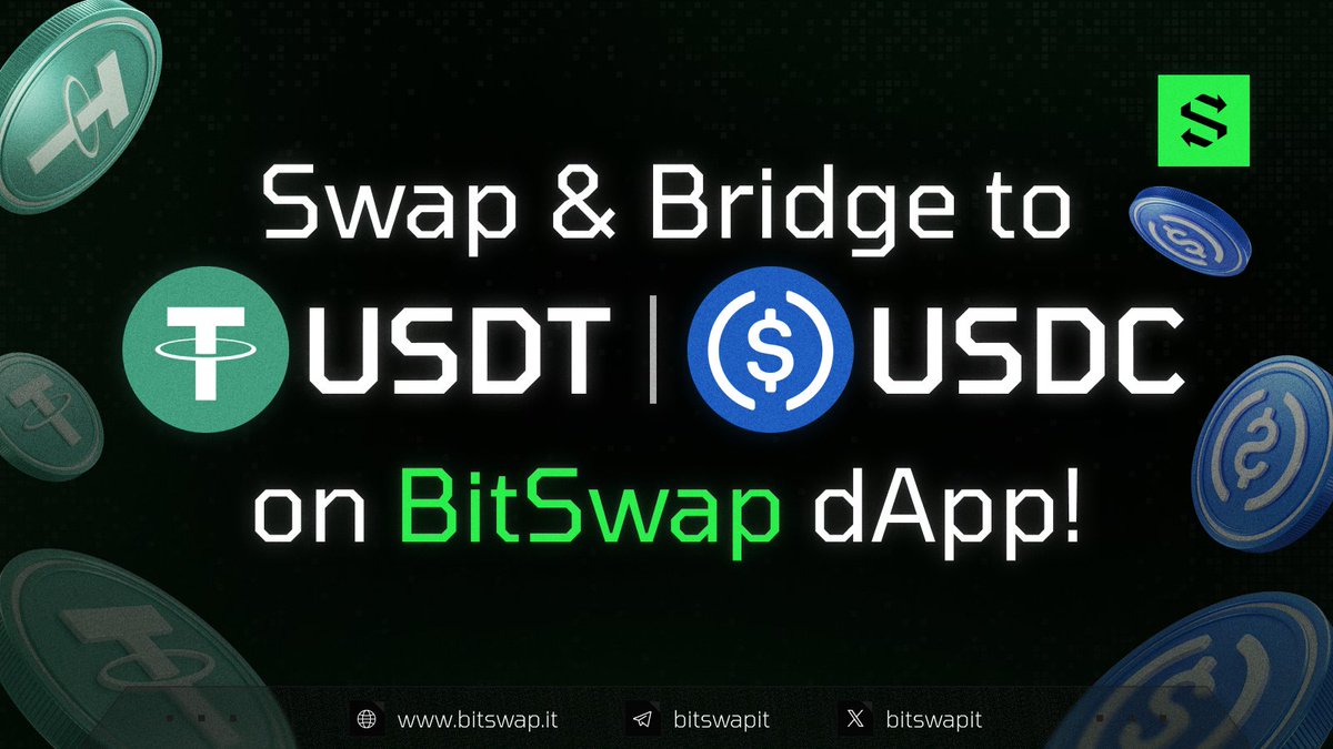 #BitSwap dApp Announcement! ✅

💵 The #BitSwap dApp now offers seamless integration of swap and bridge functionalities for $USDT | $USDC, ensuring complete anonymity over 10 different networks.. 🕵️

🔀 Swap &amp; bridge your stables @ dapp.bitswap.it