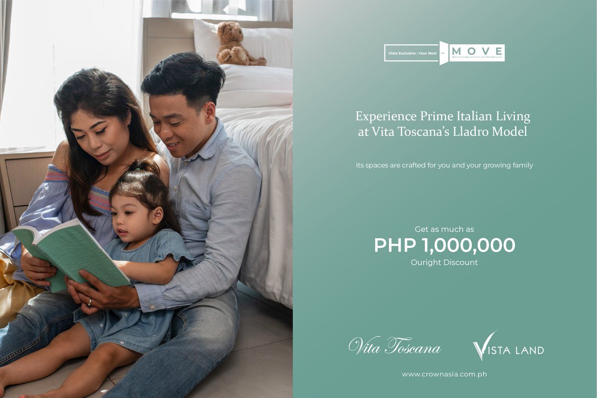 CrownAsiaProp's tweet photo. Score an unmatched deal that lets you enjoy premium living in a community  that is inspired from the natural beauty of Italian architecture at @Vita Toscana (Official) 
 
Contact your trusted Sales Specialist for more details.

https://t.co/OYHkVNRpno
#CrownAsiabyVistaLand https://t.co/6FswRhCfe8