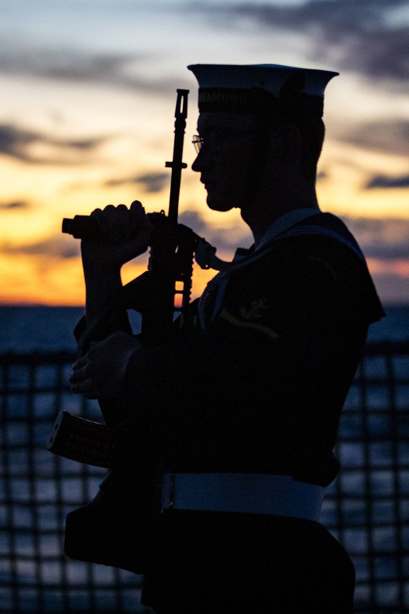 During events held across the country, we acknowledge the courage & sacrifice of our current & former service men & women, & our allies & partners who have served alongside them.📍 Members of ships company conduct a dawn service onboard #HMASWarramunga while at sea. #AnzacDay