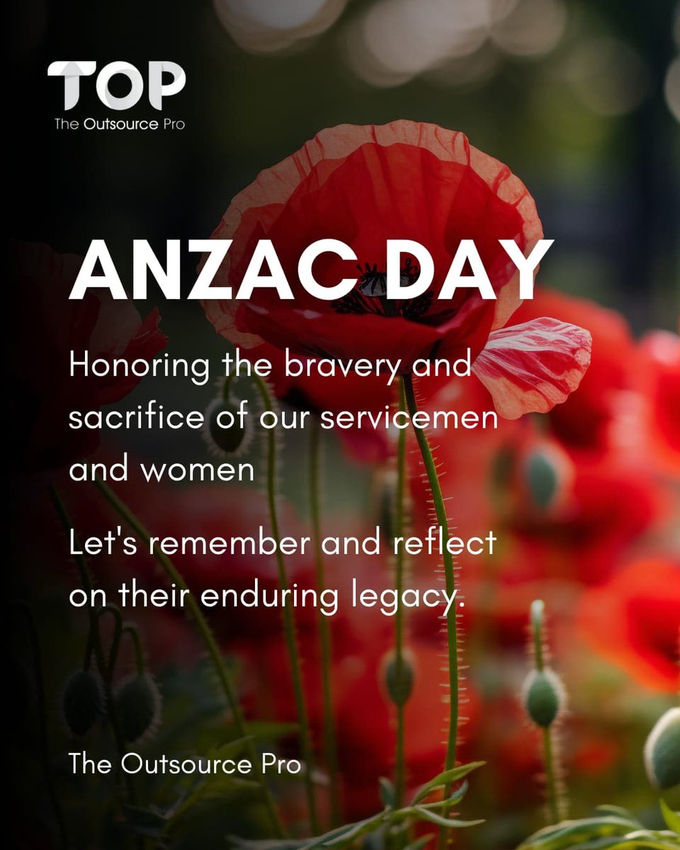 TOPtheoutsource's tweet photo. TOP joins a grateful nation in remembering all those who fought and continue to fight for freedom this ANZAC DAY.

#TOP #efficiency #theoutsourcepro #outsourcing https://t.co/glcNmjMv8V