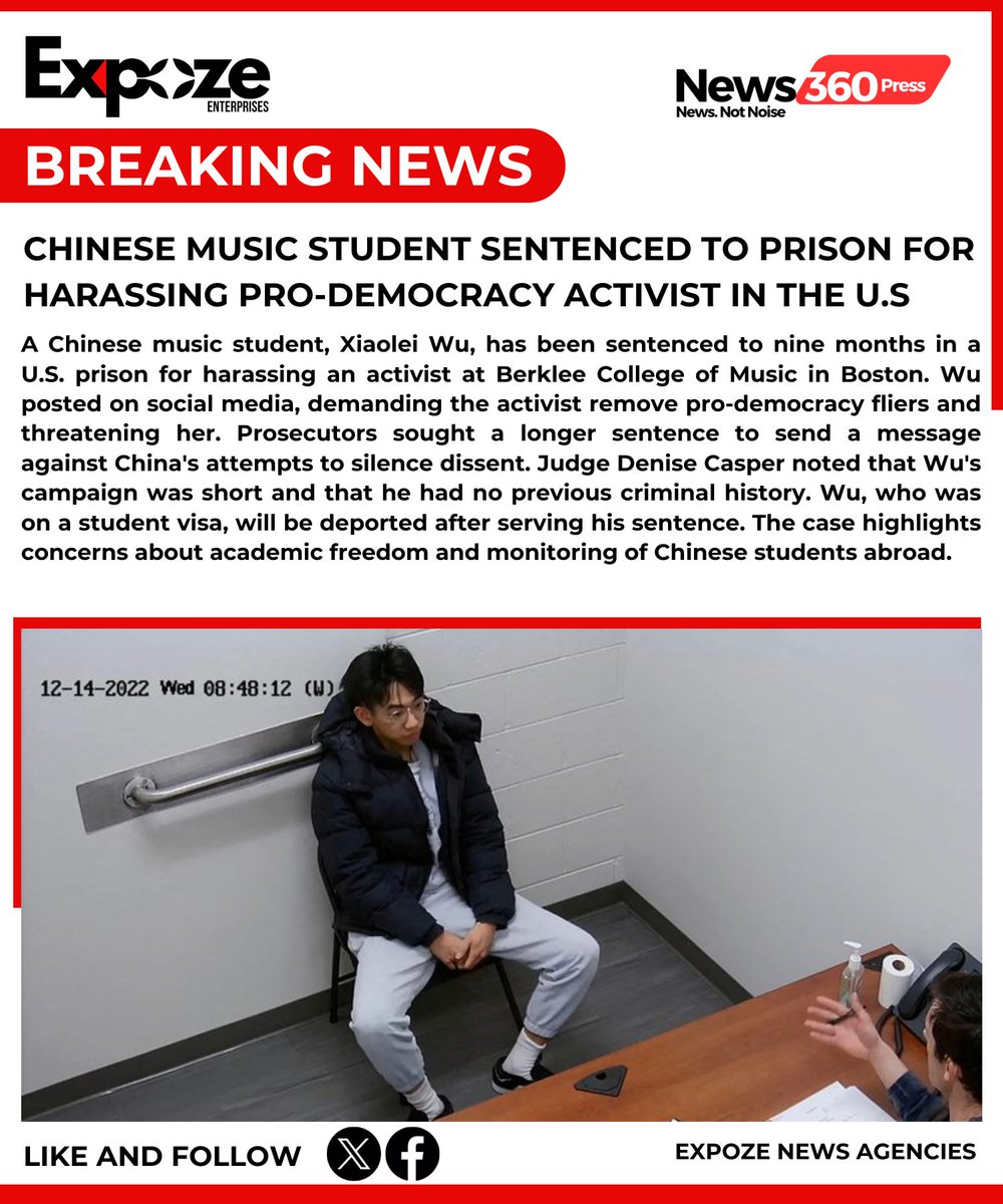 #BREAKING: Chinese Music Student Sentenced to Prison for Harassing Pro-Democracy Activist in the U.S.

#ChineseMusicStudent #news360 #expoze #SentencedToPrison #HarassmentCase #ProDemocracyActivist #USJusticeSystem #InternationalLaw #LegalConsequences #FreedomOfSpeech #HumanRight