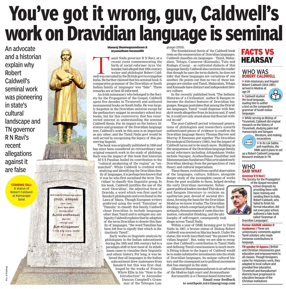 For today’s @TOIIndiaNews (Chennai edition), @manuraj1983 and Jeyan have written about Robert Caldwell who is accredited with using (and choosing) the word 'Dravidian' for the first time and popularising it through his study of the Dravidian Language Family. Caldwell made his