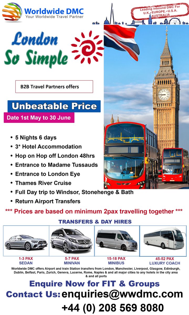 Worldwide DMC is thrilled to announce a special offer for #travelagents, #touroperators, and #holidayplanners

For more information and to book this incredible package, contact us today at enquiries@wwdmc.com

#London #TravelDeals #LimitedTimeOffer #TravelIndustry #WorldwideDMC