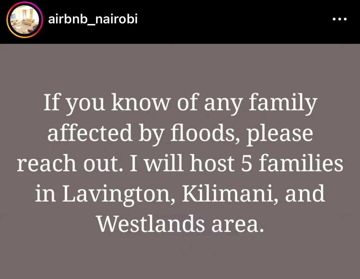 Samooner's tweet photo. This Airbnb host helping flood victims in Nairobi 🙏🙏🙏 saw that they gave accommodation to some of those that lost their homes in Mathare yesterday. What a hero. https://t.co/tdWMfQ85KD