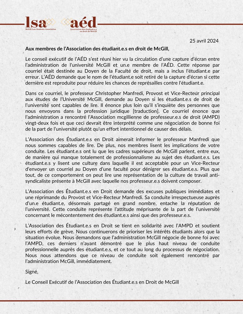 A bilingual statement on behalf of the #McGill LSA executive council. Veuillez contacter president.lsa@mail.mcgill.ca pour toute question ou préoccupation.