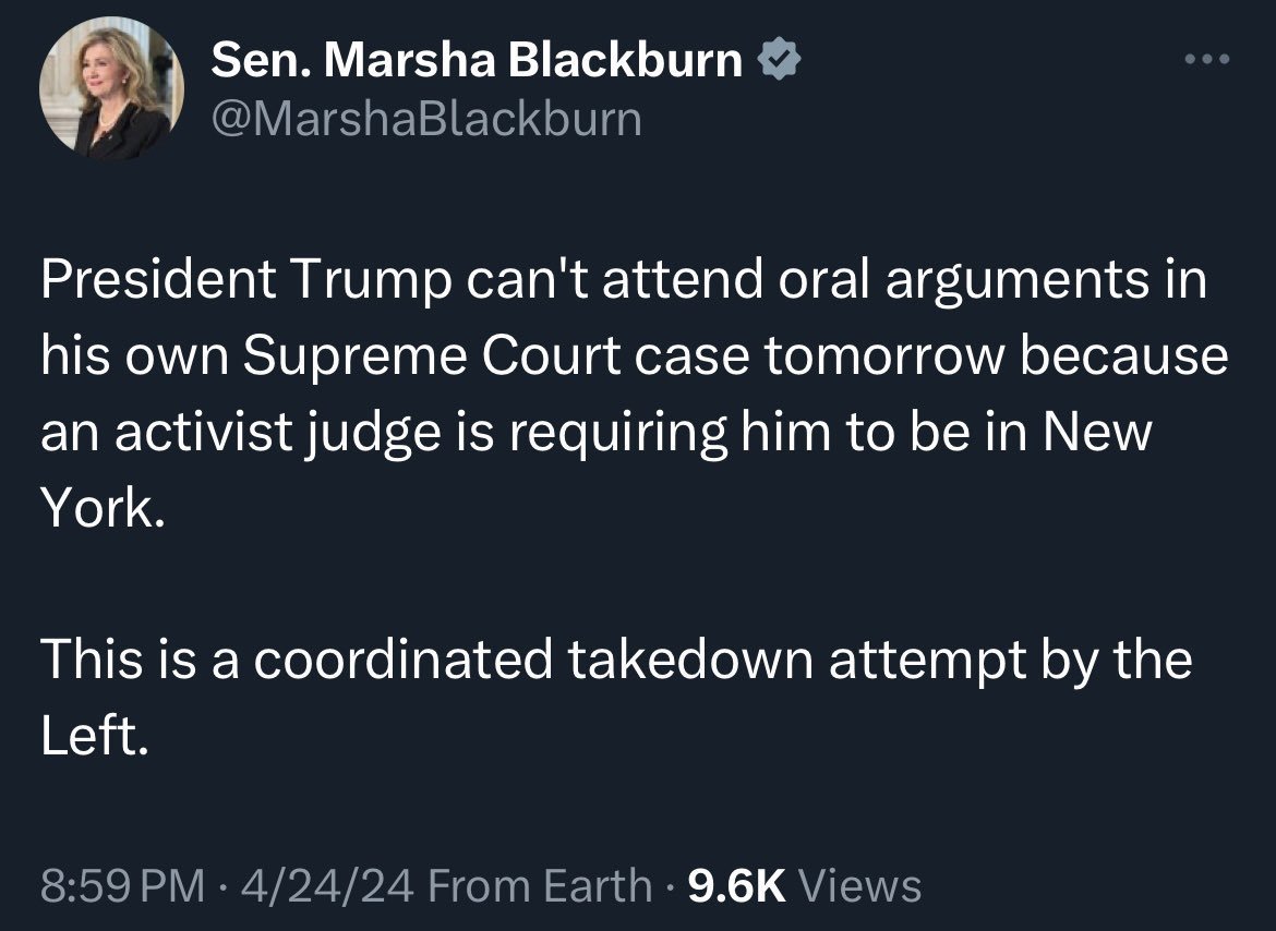 Let me explain that to you, Senator Wheathead. CITIZEN Trump can't attend the Supreme Court hearing on WHETHER HE CAN BE PROSECUTED FOR HIS CRIMES WHILE HE WAS PRESIDENT because he has to be in court FOR CRIMES HE DID BEFORE HE WAS PRESIDENT.