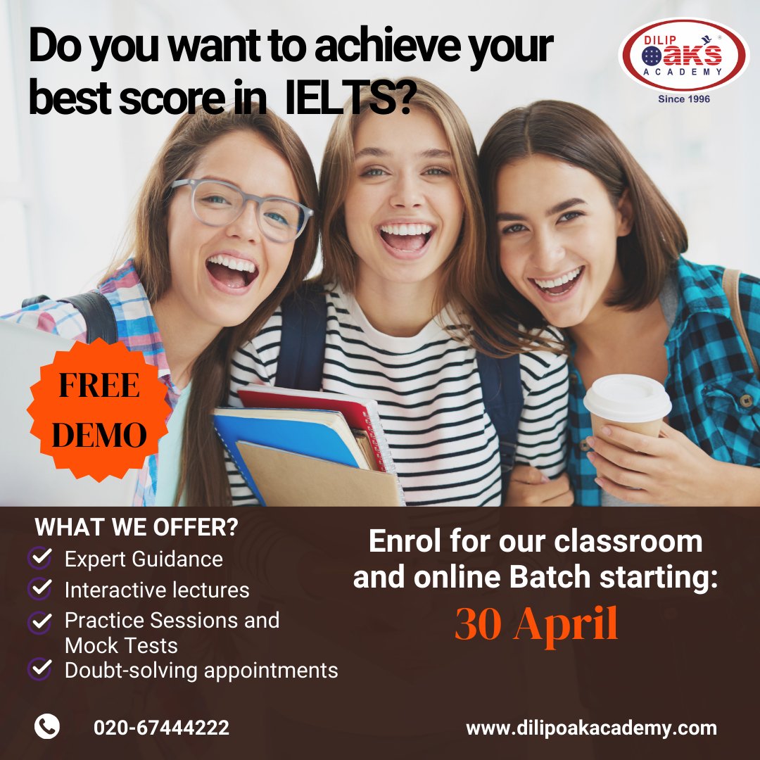 Your 8+ IELTS band score is just a click away! Enroll Now to learn from the best tutors! New Classroom and Online Batches starting 30th April Enroll here: dilipoakacademy.com/ielts/classroo… #studyabroadconsultants #studyinusa #ieltsprep #ieltspreparation #ieltsclassess #ieltsclassesonline