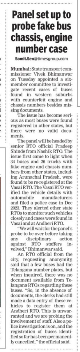 Transport commissioner sets up panel to probe fake bus chassis number, senior official Pradeep Shinde from Nashik RTO to head probe ⁦@CMOMaharashtra⁩ ⁦@bhimanwar⁩ ⁦@MMVD_RTO⁩