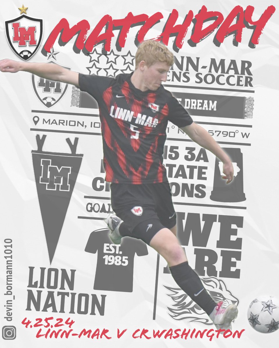 It's Matchday 🔟 but our Conference (MVC/Valley) opener vs Wash. The Lions bring a 6-3 record (2-1 at home) and have won 5 of their last 6 games.
⚽ LM vs CR Washington 
⌚ JV1 - 5:45pm  
⌚ VAR - 7:30pm
🏟 Linn-Mar Stadium
🎟 shorturl.at/aAR57 
#GOALdriven 
#IHSAA #iahssoc