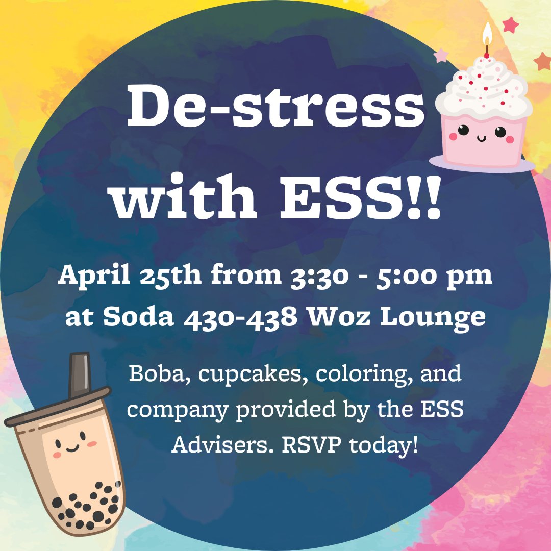 Come de-stress with the ESS peer advisers on April 25, 3:30-5 p.m. in Soda Hall’s Wozniak Lounge! We'll have coloring (and treats!) available for participants while supplies last. Fill out the RSVP form to confirm your spot: bit.ly/4416TGO