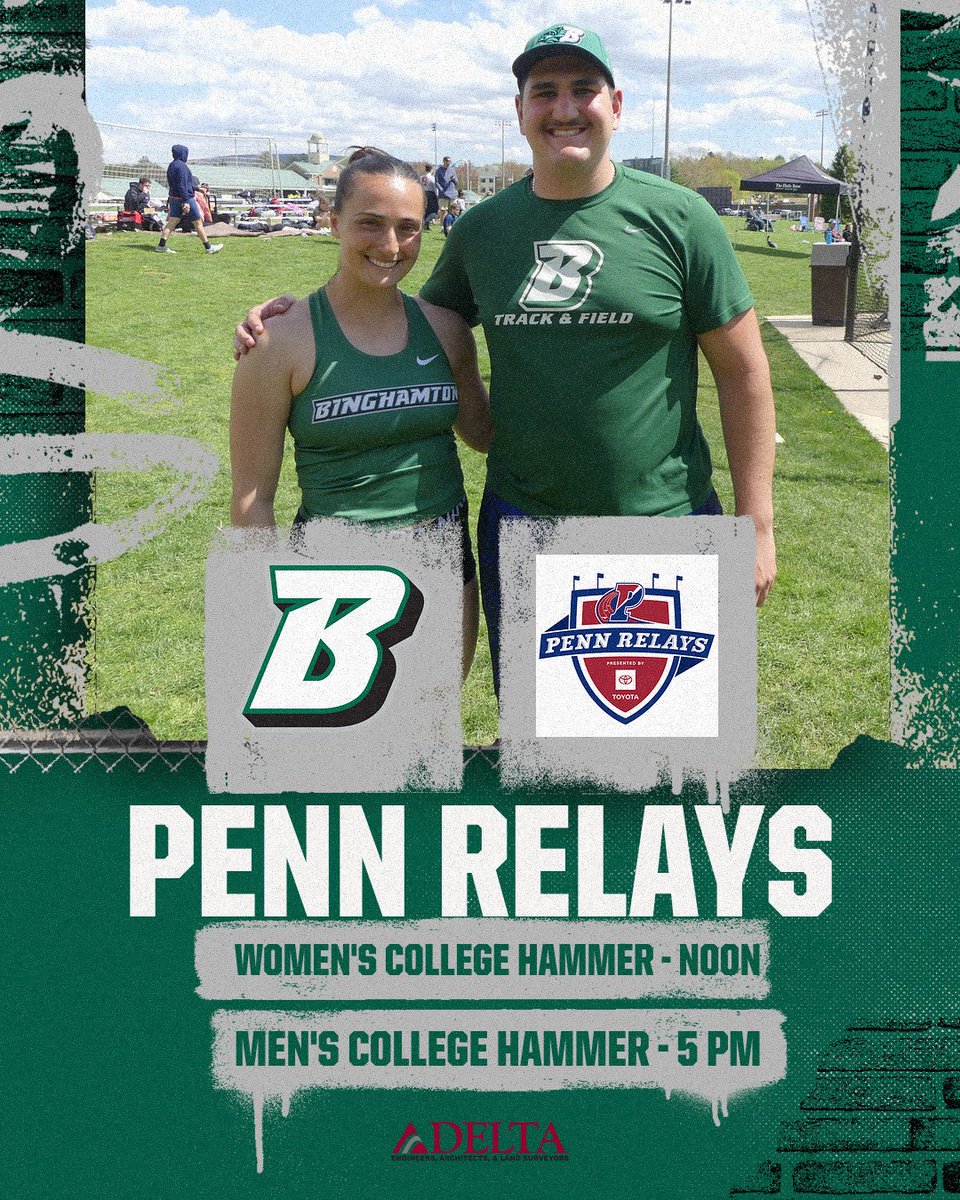 Good luck to Brian Luciano and Gianna Hoose today! 🆚 @pennrelays 📍Philadelphia, Pa. 🏟️ Franklin Field ⏰ Women's Hammer - Noon. Men's Hammer - 5 PM. 📊 tinyurl.com/yw53yf4p #AETF #ONEBinghamton #ClawsOut