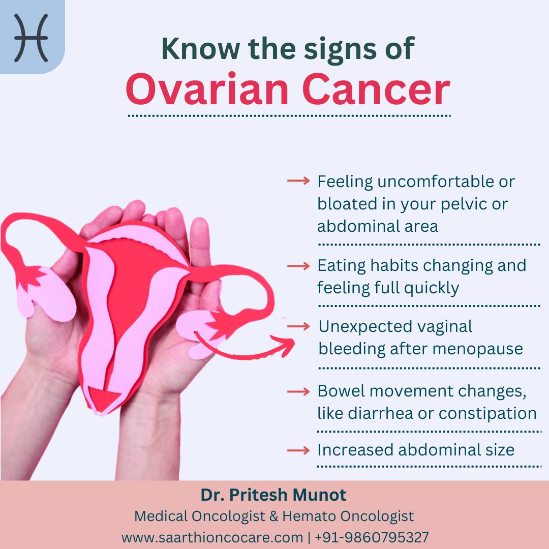 Ovarian cancer signs: persistent bloating, pelvic/abdominal pain, difficulty eating/feeling full quickly. Early detection crucial; consult doctor for symptoms.

#OvarianCancerAwareness #EarlyDetectionSavesLives #KnowTheSigns #saarthi #saarthioncocare #drpriteshmunot