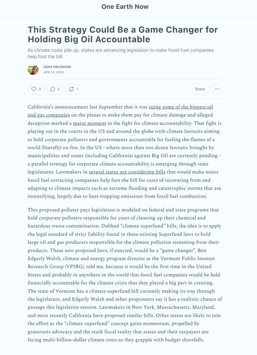 Climate cost recovery bills are pending in several states. VT's bill could soon pass the full legislature 👀 My latest piece on this here ✍️ This Strategy Could Be a Game Changer for Holding Big Oil Accountable #ClimateAccountability oneearthnow.substack.com/p/this-strateg…