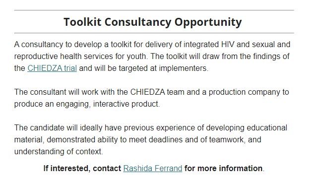 We r looking for someone to develop a toolkit for delivery of integrated HIV and SRH services drawing from findings of our chiedza trial. DM for r email me if you r interested ⁦@MARCH_LSHTM⁩ ⁦@LSHTM⁩ ⁦@ThruZim⁩